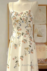 Sexy A Line Spaghetti Straps Ivory Floral Satin Evening Prom Dresses Birthday Outfits Evening Gown